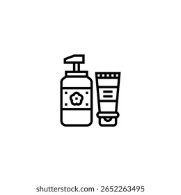 Minimalist line art icon of a cosmetic pump bottle and cream tube, representing skincare, beauty, and personal hygiene. Ideal for spa design, cosmetic branding, and self-care visuals. Isolated on whit