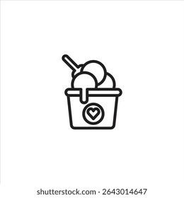 A minimalist line art icon of a cup filled with scoops of ice cream, a spoon, and a heart symbol on the cup. Represents loved ice cream or a favorite sweet treat.