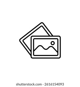 Minimalist Line Art Icon Depicting Stacked Pictures with Landscape Scene