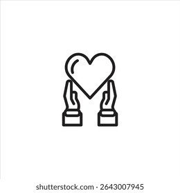 A minimalist line art icon depicting two hands gently holding a heart. Represents care, love, support, or giving.