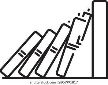 A minimalist line art icon depicting a row of falling dominoes, representing chain reactions, cause and effect, business strategy, risk management, and sequential processes in a clean vector format.