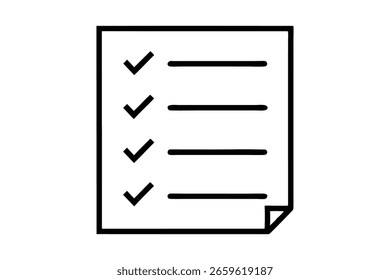 Minimalistisches Linienkunstsymbol eines Dokuments mit Markierungen und Linien, die eine Checkliste oder abgeschlossene Aufgaben darstellen.