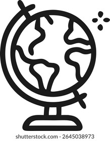 Minimalist line art icon of an Earth globe on a stand, representing international travel, global business, geography, and world exploration