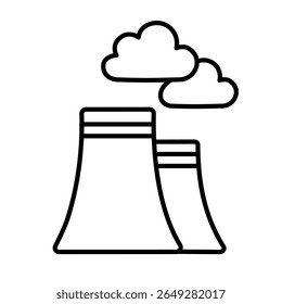 Ícone minimalista da arte da linha de uma fábrica e fumaça, isolado em um fundo branco. Representa indústria, produção, manufatura, poluição e infraestrutura. 
