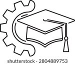 A minimalist line art icon featuring a mortarboard graduation cap combined with a mechanical gear, symbolizing the integration of academic learning with technical skills and industrial vocational training programs.