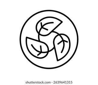 Minimalist line art icon featuring three stylized leaves within a circle. Represents nature, organic concepts, ecology, and sustainability. Perfect for logos, web design, and branding.