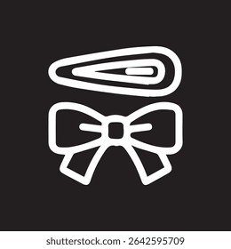 Ícone minimalista da arte da linha com um grampo de cabelo e um desenho de arco isolado em um fundo preto. Ideal para beleza e conteúdo relacionado à moda.