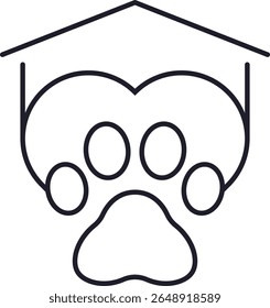 Minimalist line art icon featuring a paw, heart, and house symbolizing an animal shelter.