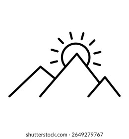 Minimalist line art icon featuring mountains and the sun. A clean and modern symbol representing nature, hiking, outdoor adventure, freedom, travel, and eco-tourism.