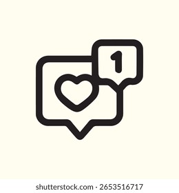 Um ícone minimalista com um símbolo de coração dentro de um balão de fala com uma notificação mostrando o número um perfeito para o engajamento nas mídias sociais.