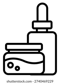 Minimalist line art icon featuring a cream jar and dropper bottle for skincare. Ideal for beauty branding, wellness apps, and spa marketing materials, symbolizing luxury and selfcare.