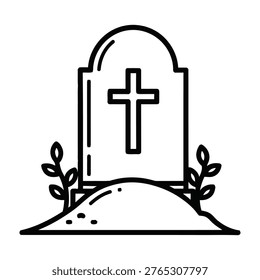 A minimalist line art icon featuring a grave tombstone with a Christian cross, set on a burial mound with small plants. Perfect for funeral home branding, cemetery maps, and memorial service themes.