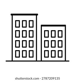 A minimalist line art icon featuring two adjacent city buildings with windows, representing urban development, real estate, property management, and city planning concepts.