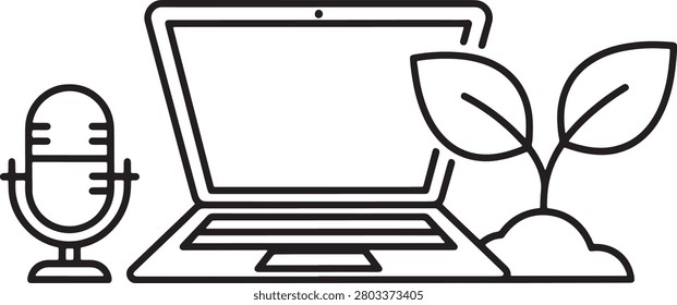 A minimalist line art icon featuring a laptop, a microphone, and a growing plant sprout, representing eco-friendly technology, green podcasting, and sustainable digital content creation in vector format.