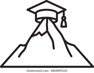 A minimalist line art icon featuring a mortarboard graduation cap resting on a mountain summit, symbolizing the journey of academic success, reaching goals, and educational attainment in vector format.