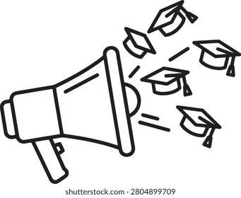 A minimalist line art icon featuring a megaphone projecting multiple graduation caps, symbolizing academic announcements, school news, university admissions, and educational outreach programs in a clean vector format.