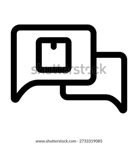 A minimalist line art icon featuring a speech bubble that contains a delivery box inside. This symbol represents customer support, order status inquiries, and communication regarding shipping or logistics services.