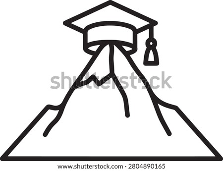 A minimalist line art icon featuring a mortarboard graduation cap resting on a mountain summit, symbolizing the journey of academic success, reaching goals, and educational attainment in vector format.