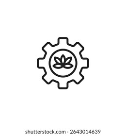 A minimalist line art icon of a gear with a lotus flower symbol at its center. Could represent sustainable technology, eco-friendly processes, or mindful mechanics.