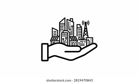 A minimalist line art icon of a hand supporting a city skyline, representing urban planning and real estate.