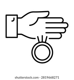 Minimalist line art icon of a hand holding a ring. Represents engagement, marriage, wedding proposals, jewelry, gifts, love, romance, and relationships. Simple symbol for design.