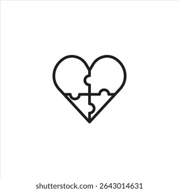 A minimalist line art icon of a heart shape formed by interlocking puzzle pieces. Represents love connection, finding the missing piece, or putting hearts together.