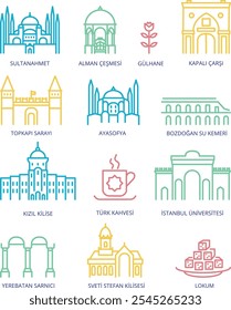 Minimalist line art icon in Istanbul, Turkey. Sultanahmet, Hagia Sophia, Istanbul University, Basilica Cistern, Sveti Stefan Church, German Fountain, Gulhane, Topkapi Palace, Red Church, Grand Bazaar.