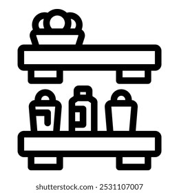 Minimalist line art icon of a kitchen shelf holding various food and drink items in containers