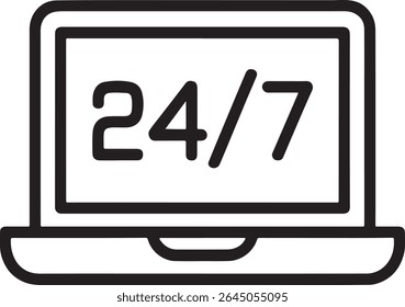 A minimalist line art icon of a laptop displaying on its screen  round the clock service or availability