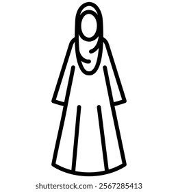 A minimalist line art icon of a Muslim woman wearing a hijab and modest dress. Perfect for cultural, religious, and community-focused projects in digital and print media