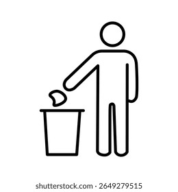 Ícone minimalista da arte em linha de pessoas colocando lixo em uma lixeira ou lixeira. Representa responsabilidade pessoal, hábitos limpos, limpeza pública e consciência ecológica.
