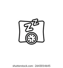 A minimalist line art icon of a pillow with "ZZZ" symbols above it and a clock, representing sleep, rest time, or a snooze function.