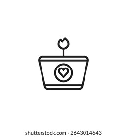 A minimalist line art icon of a rectangular jewelry box with a heart symbol on it and a ring displayed on top. Represents a gift of love or precious jewelry.