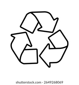 Minimalist line art icon with recycling symbol isolated on a white background. Represents eco sustainability, waste sorting, environmental responsibility, and circular economy. 