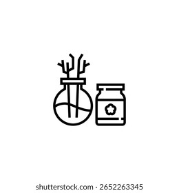 Ícone minimalista da arte da linha de um difusor de junco e frasco de aromaterapia, simbolizando fragrância, bem-estar e relaxamento da casa. Ideal para design de spa, conceitos de autocuidado e visuais de estilo de vida. Isolado no whi