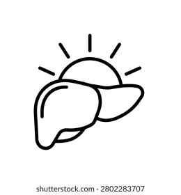 A minimalist line art icon representing a human liver combined with a sun symbol, symbolizing health and vitality.