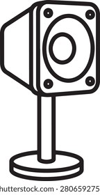 A minimalist line art icon representing a studio monitor speaker mounted on a stand, suitable for audio equipment interfaces, music production software, or sound engineering design projects.