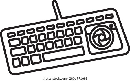 A minimalist line art icon representing a computer keyboard featuring an integrated trackball or navigation device, suitable for technology websites, software interfaces, and hardware peripheral product documentation graphics.