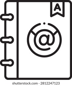 A minimalist line art icon representing an email contact directory or address book featuring an at symbol on the cover and an alphabetical bookmark tab for organized digital communication.