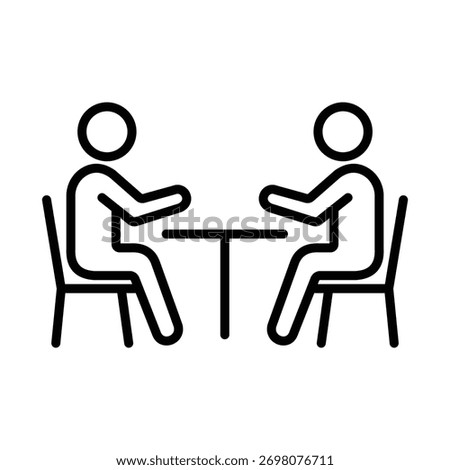 Minimalist line art icon representing a business meeting, interview, or consultation between two people sitting opposite each other at a desk. Perfect for UI UX design.
