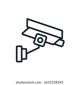 Ícone minimalista da arte da linha de uma câmera de segurança, simbolizando a segurança urbana e o monitoramento em um ambiente de cidade inteligente