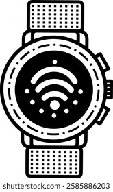 Minimalist line art icon of a smart watch with Wi-Fi signal, representing modern wearable technology, wireless connectivity, and the Internet of Things (IoT)