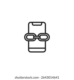 A minimalist line art icon of a smartphone with a chain wrapped around its middle, suggesting a secure connection, linked device, or digital security.