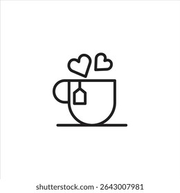 A minimalist line art icon of a teacup on a saucer with a tea bag and two heart shapes rising as steam, symbolizing love for tea or a comforting, warm beverage.