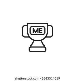 A minimalist line art icon of a trophy with the word "ME" displayed prominently on its body. Represents self-love, personal achievement, or celebrating oneself.