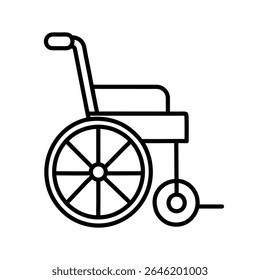 Minimalist line art icon of wheelchair isolated on white background. Editable vector design for accessibility, healthcare, disability support, medical services, mobile apps, websites, and infographics