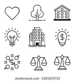 Minimalist Line Art Icons Black and White Symbols Heart Tree House Lightbulb Office Building Dollar Sign Network Scales of Justice Vector Set
