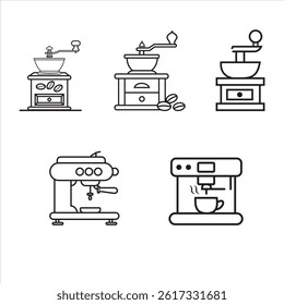 Minimalist Line Art Icons of Coffee Grinders and Espresso Machines – Black and White Vector Set for Cafe and Kitchen Design
