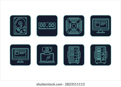 Minimalist line art icons of computer hardware and technology components