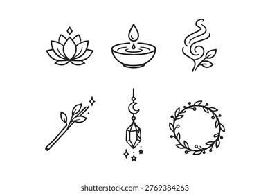 Minimalist line art icons featuring spiritual nature and mystical themes including a lotus water droplet smoke a magic wand crystal and a laurel wreath.